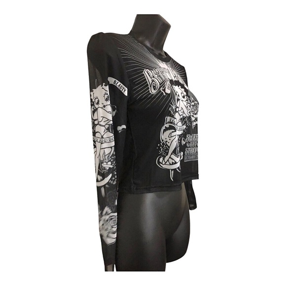 Betty Boop black sheer mesh sweet but strong graphic print long sleeve tee sz M - Picture 12 of 13
